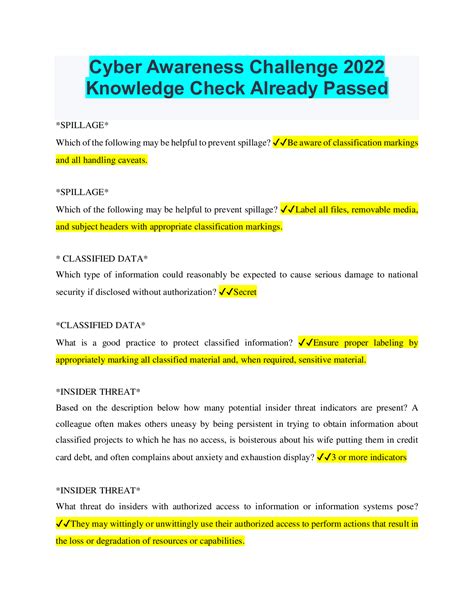 Cyber Awareness 2022 Knowledge Check (questions and answers) (Spillage) What should you do if a. . Cyber awareness challenge 2022 knowledge check answers